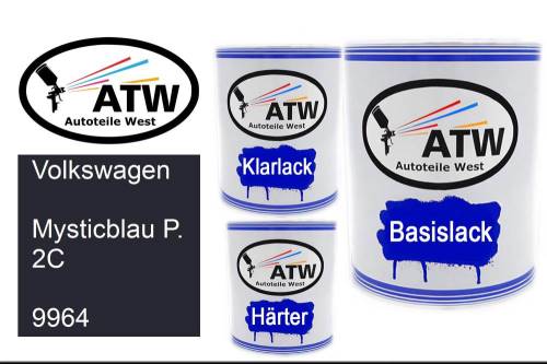 Volkswagen, Mysticblau P. 2C, 9964: 1L Lackdose + 1L Klarlack + 500ml Härter - Set, von ATW Autoteile West.